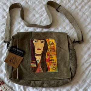 NWT Vintage Addiction Canvas Artistic Messenger Crossbody Bag - Tan